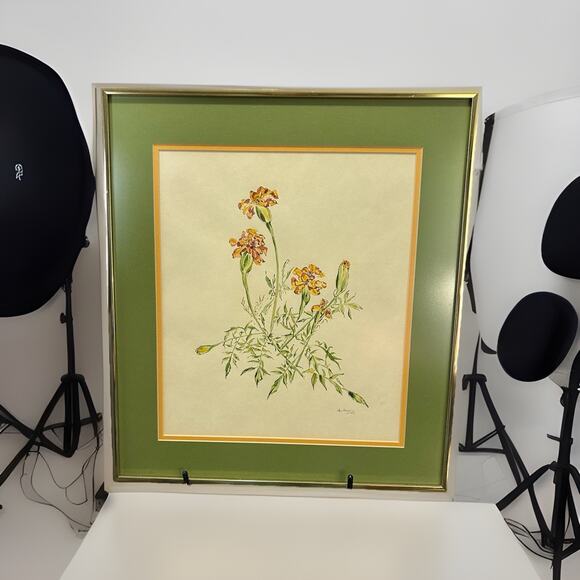 Lovely Signed Ann Pridgen Watercolor “Marigolds” Dated 1982 - Picture 1 of 4